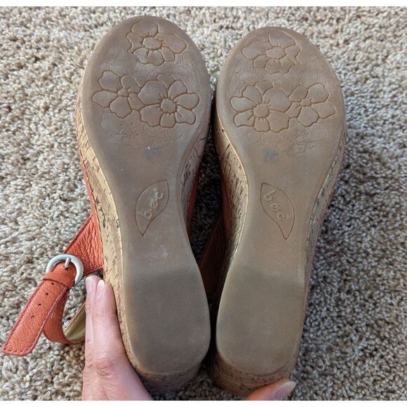 Born Concepts Pink Orange Leather Flower Slingback Peep Toe Cork Wedges - Picture 9 of 9